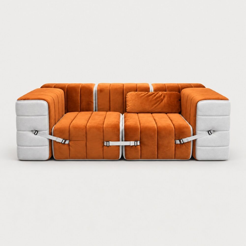 Curt artículo de exposición – sofá modular con cojín en Barcelona Russet (rojo) y Jet 9110 (gris / beige) – 7 módulos