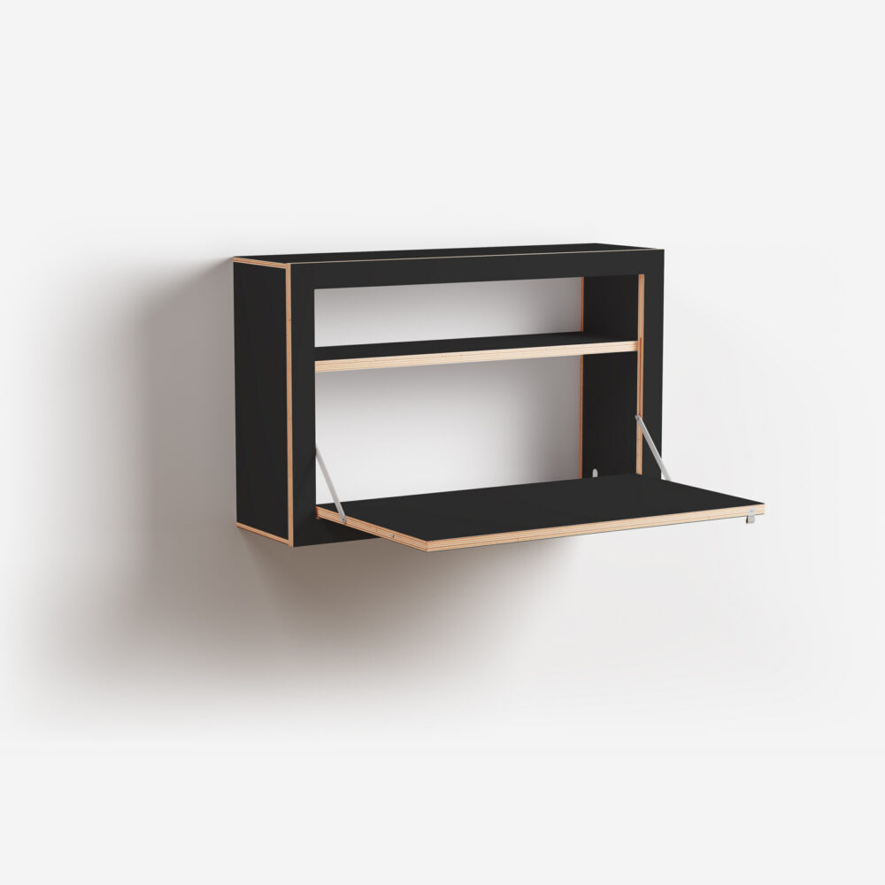 Bureau mural avec rangement, 80×50×20 blanc – plan de travail déplié, vue de côté 2 2